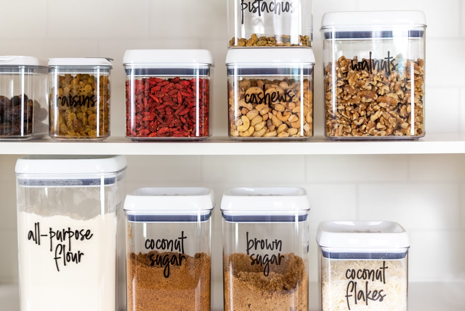 Baking ingredients in an organized kitchen pantry